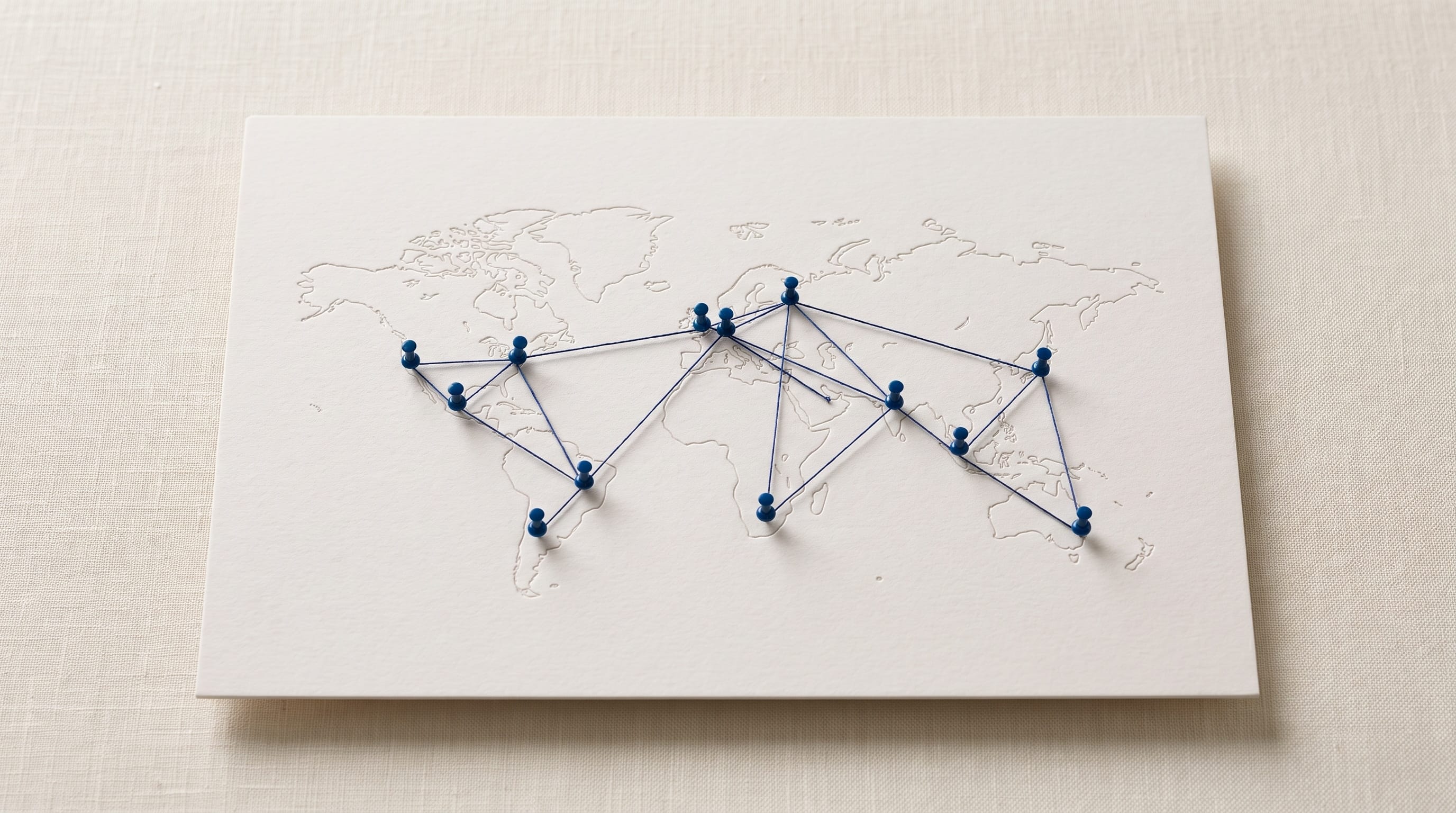 Paper world map with navy pins linked by thread