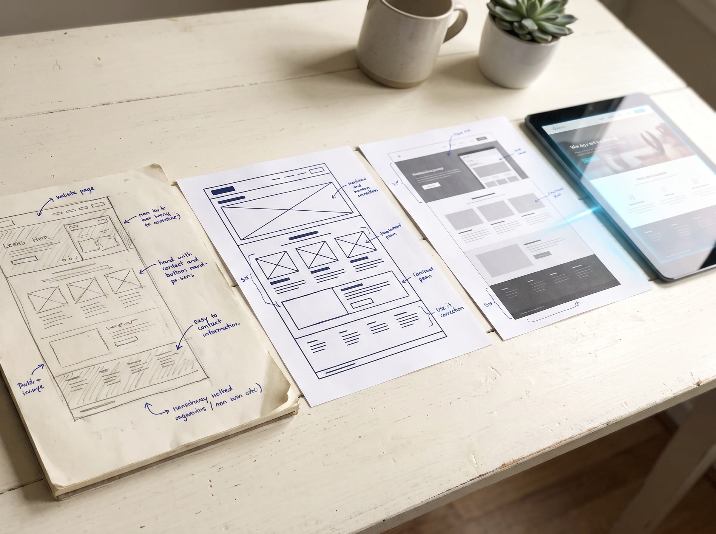 Hand sketch, wireframes and the finished screen on a tablet laid out on a desk