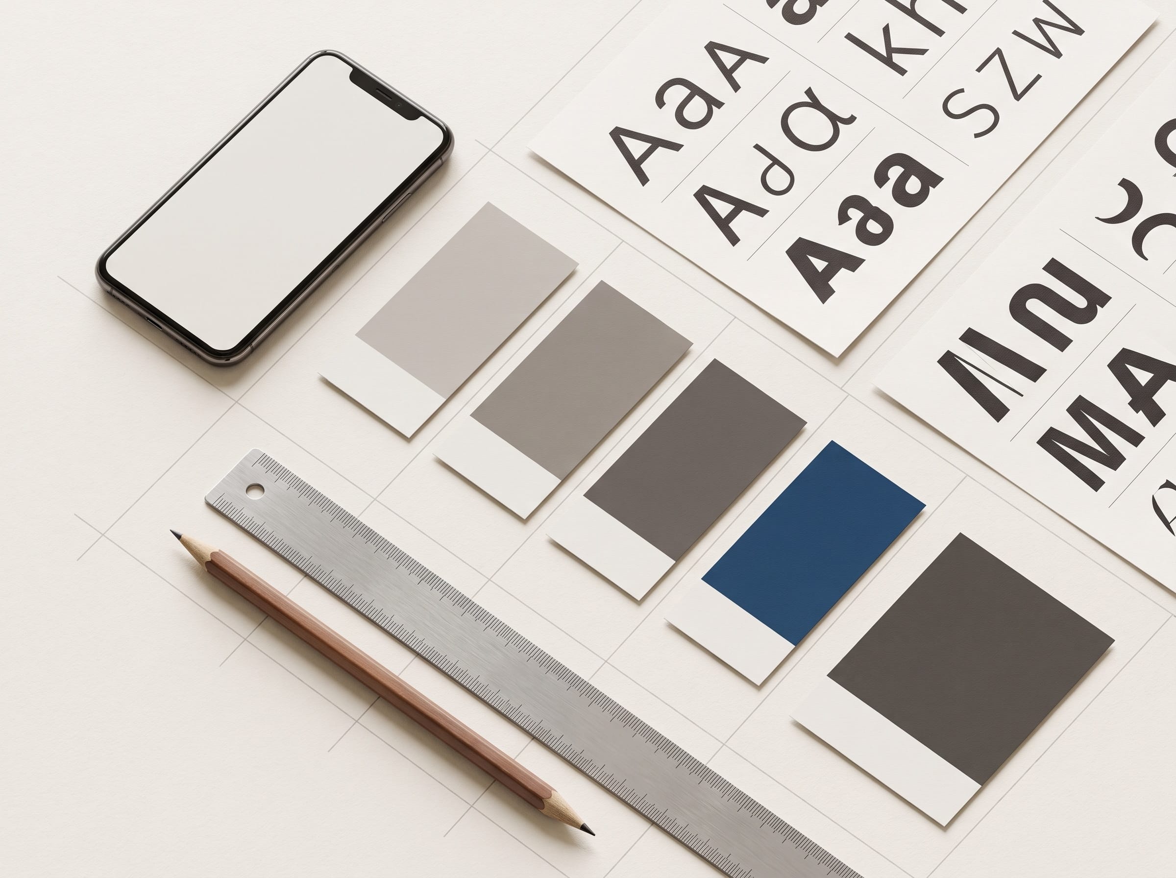 Design tools, type specimens and colour swatches laid out on warm paper