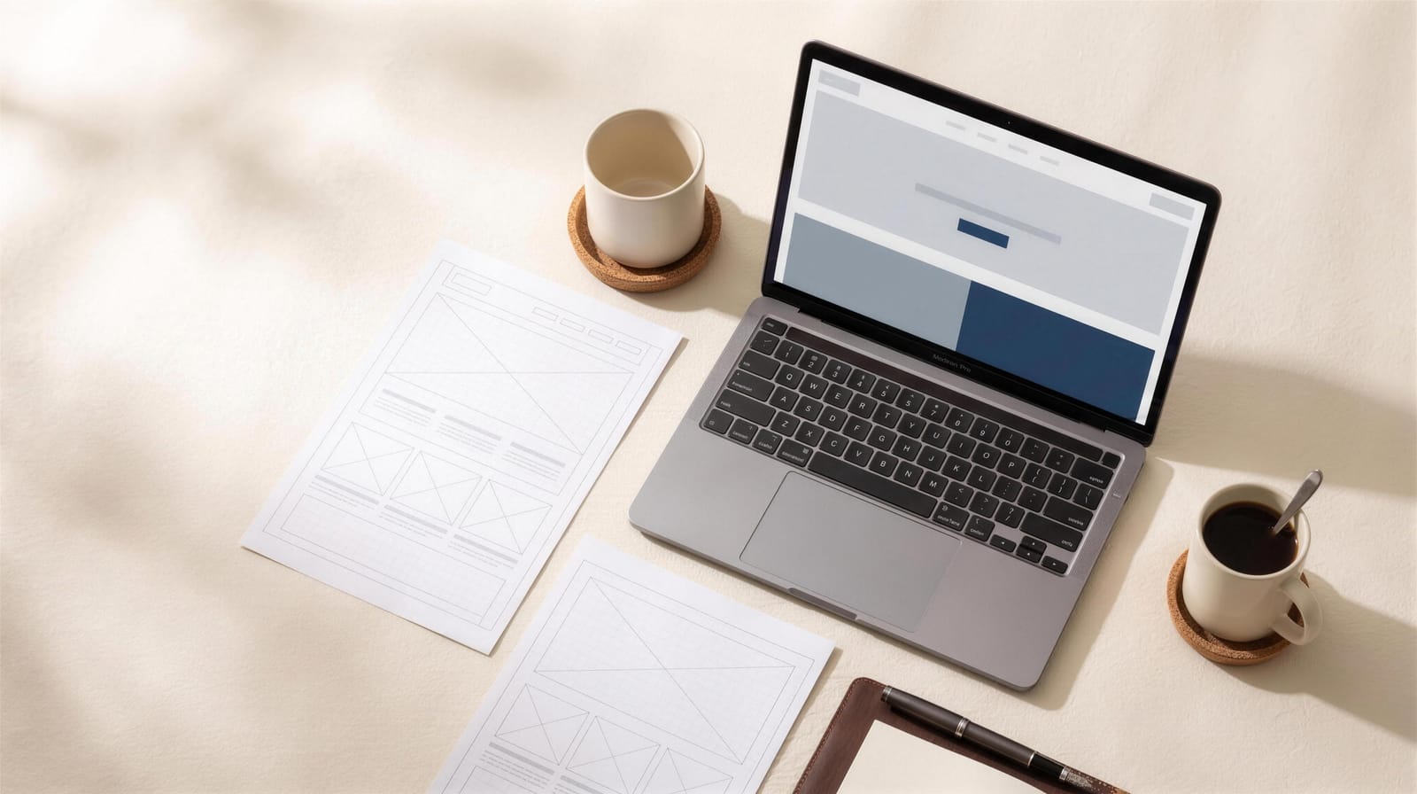 A website design open on a laptop, printed wireframes beside it