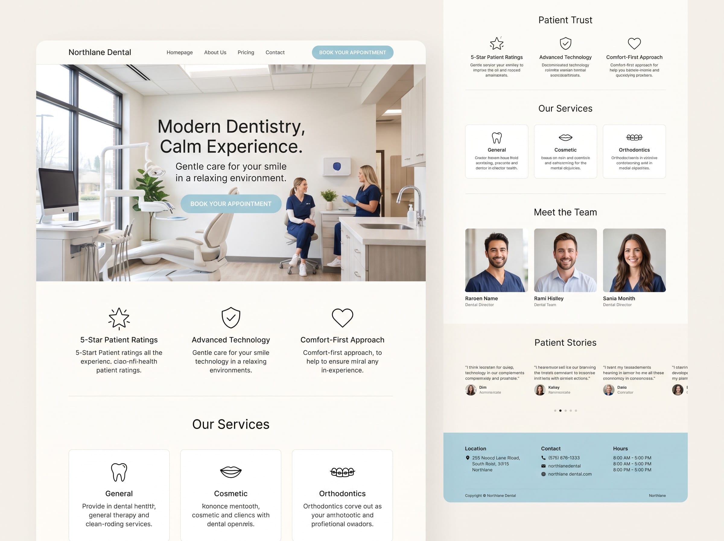 Dental clinic website concept: homepage with services and a patient page