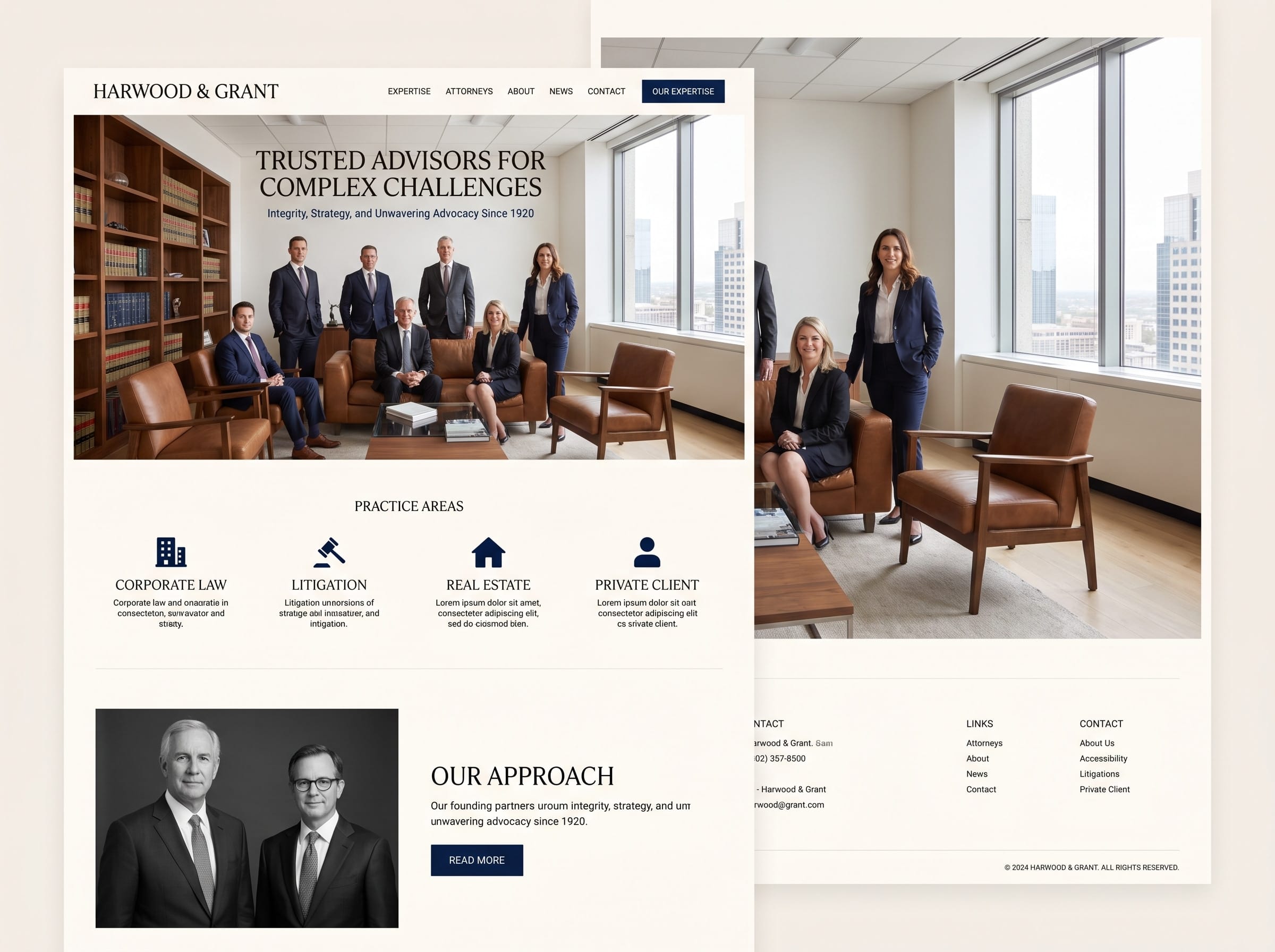 Law firm website concept: homepage with practice areas and an attorney page