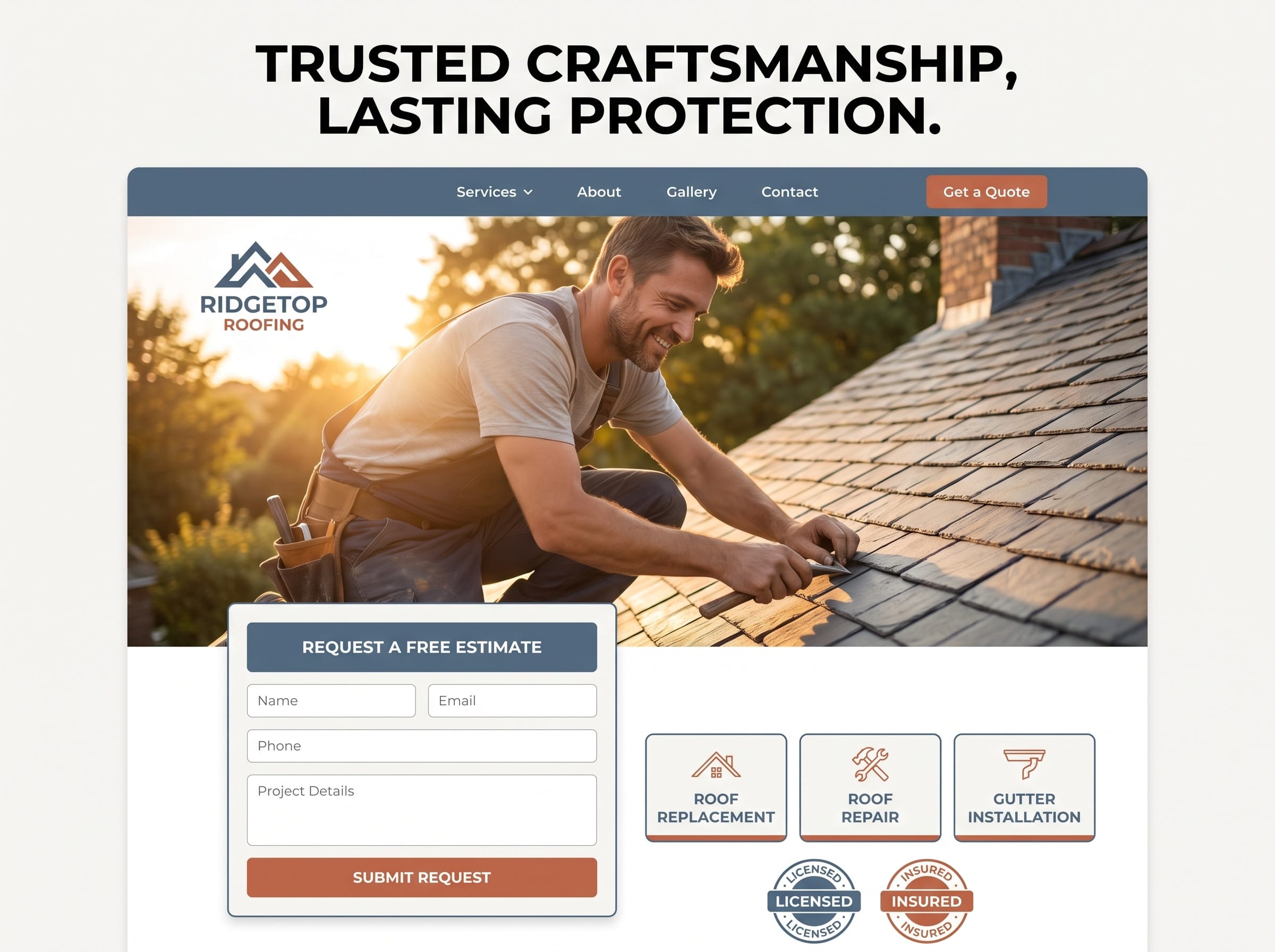 Roofing contractor website concept: homepage with a free-estimate form